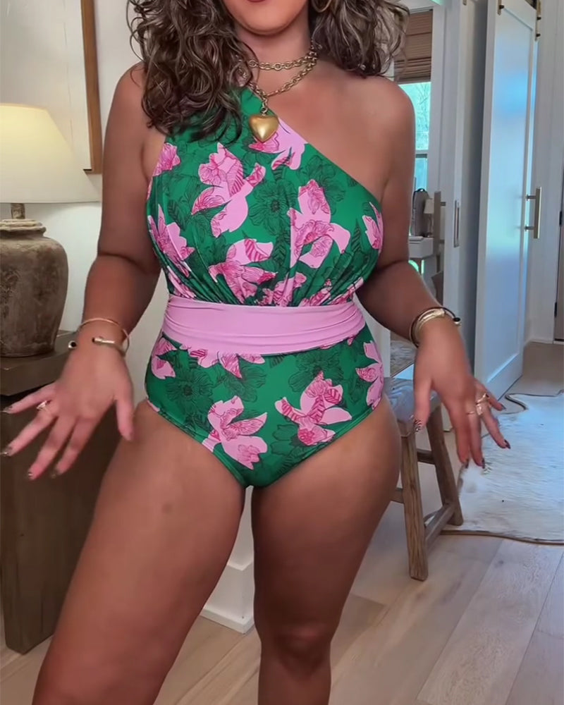 Color Block Floral One-Piece Swimsuit Cover-Up
