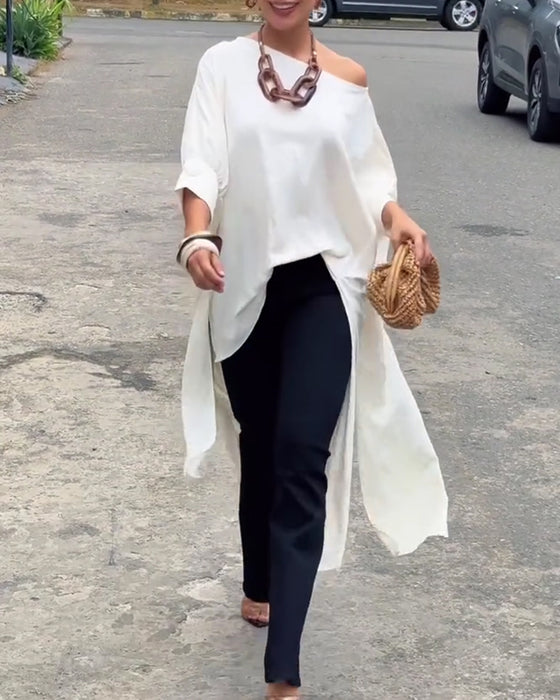 Asymmetric Neck Irregular Slit Elbow-Length Sleeve Blouse