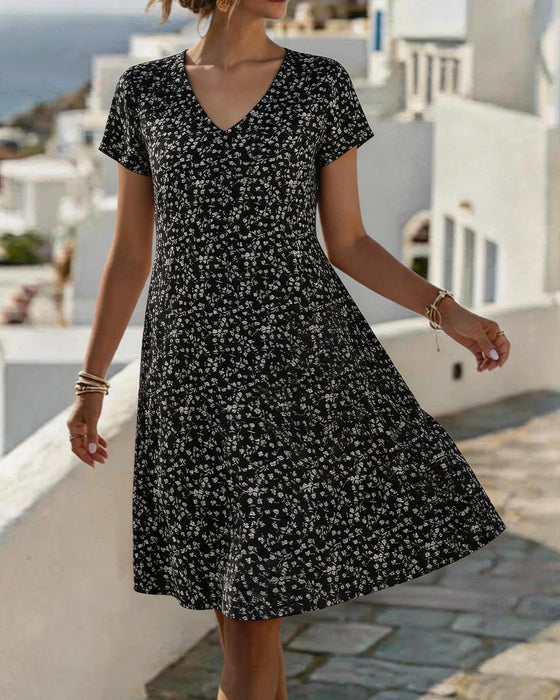 Floral V-Neck Full Skirt Dress