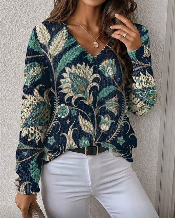 V-Neck Long-Sleeve Floral Print Pullover