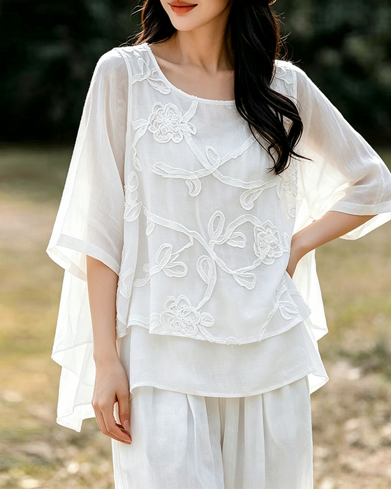 Solid Color Round Neck Blouse