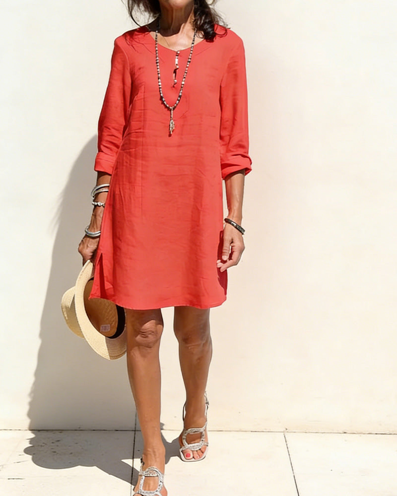 Half Placket Side Slit Cotton And Linen Dress