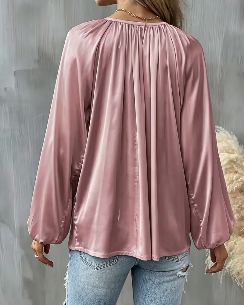 Lace-Up Solid Color Blouse