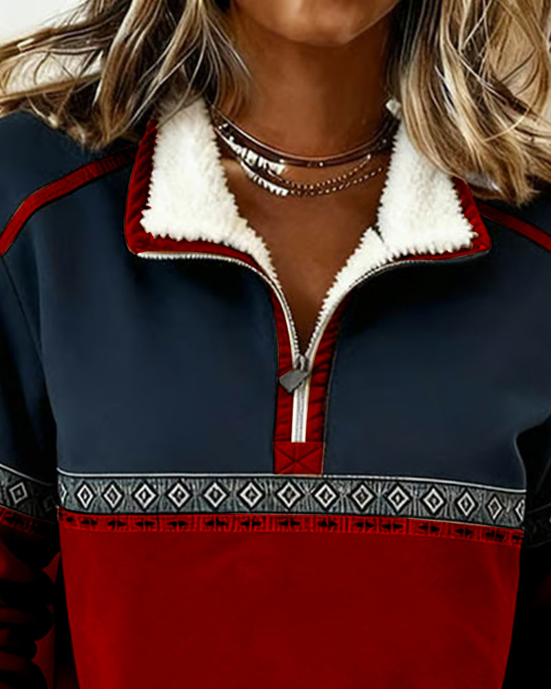 Retro Color-Blocked Fur Collar Sweatshirt