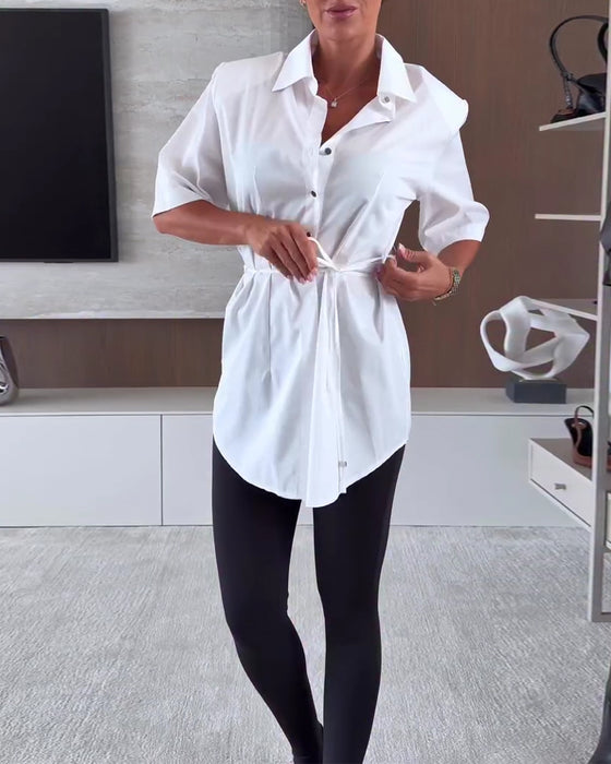 Fitted Elbow-Length Sleeve Lapel Long Shirt