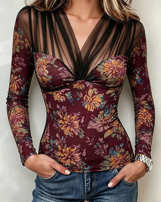 V-Neck Floral Casual Top