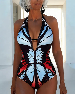 Butterfly Print Halter One-Piece