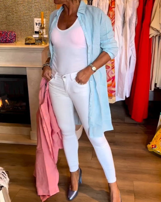 Solid color lapel mid-length shirt