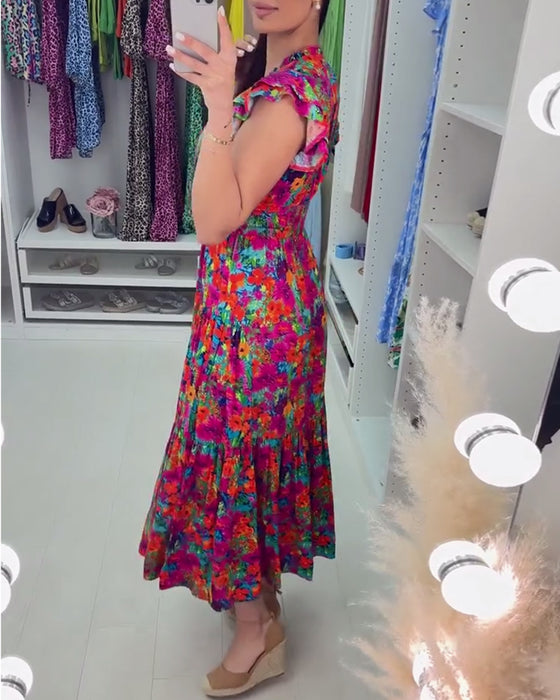 Colorful floral print V-neck elegant dress