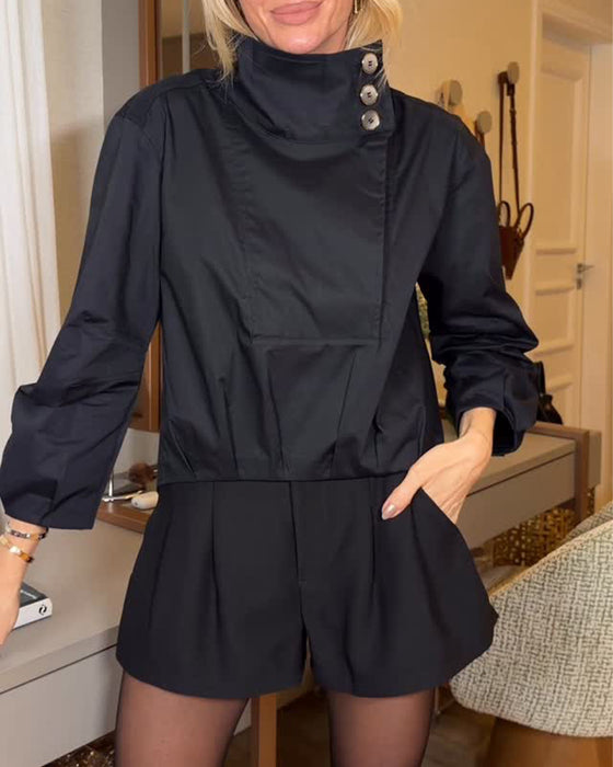 Asymmetrical Stand Collar Diagonal Button Blouse