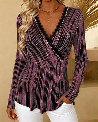 Fine Glitter V-Neck Lace Patchwork Top