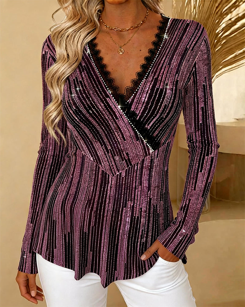 Fine Glitter V-Neck Lace Patchwork Top