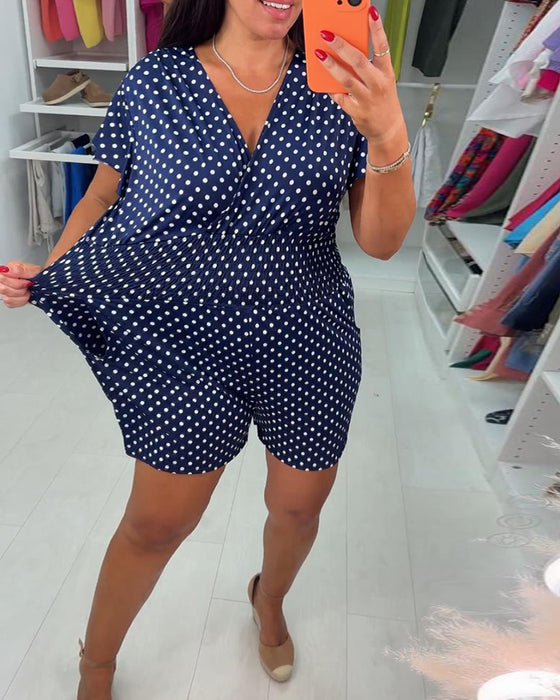 Casual polka dot printed V-neck short-sleeve jumpsuit