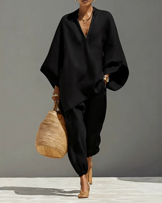 V-Neck Relaxed Sleeve Casual Set