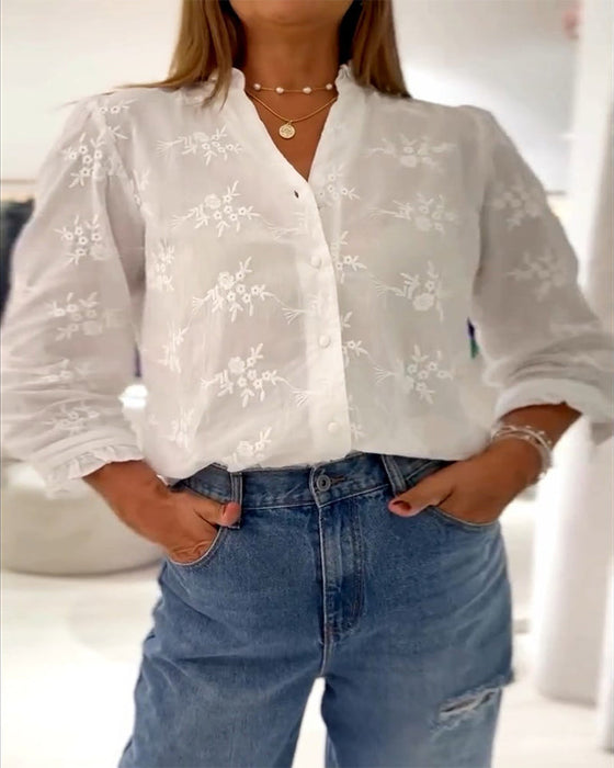 Elegant floral embroidered buttons blouse