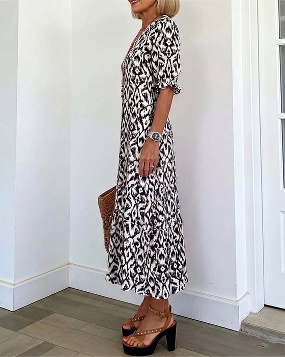 V-Neck Mid-Length Sleeve Ruffle A-Line Dress