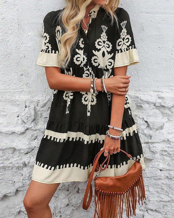 Printed short sleeve button up elegant dress