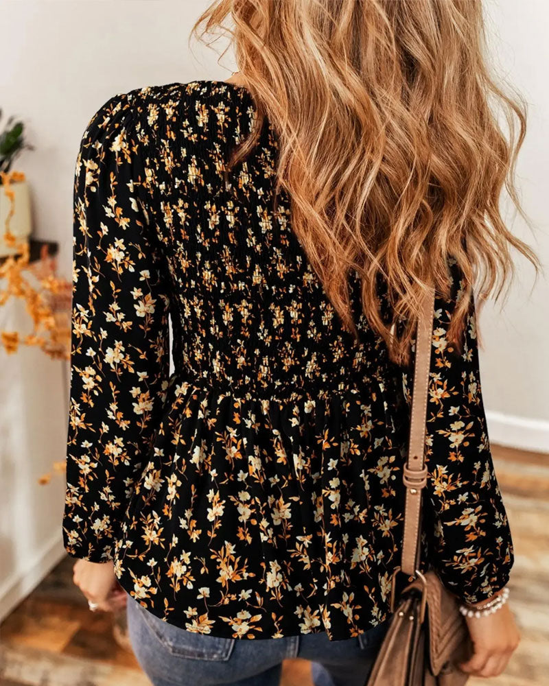 Floral Shirred Long Sleeve Blouse