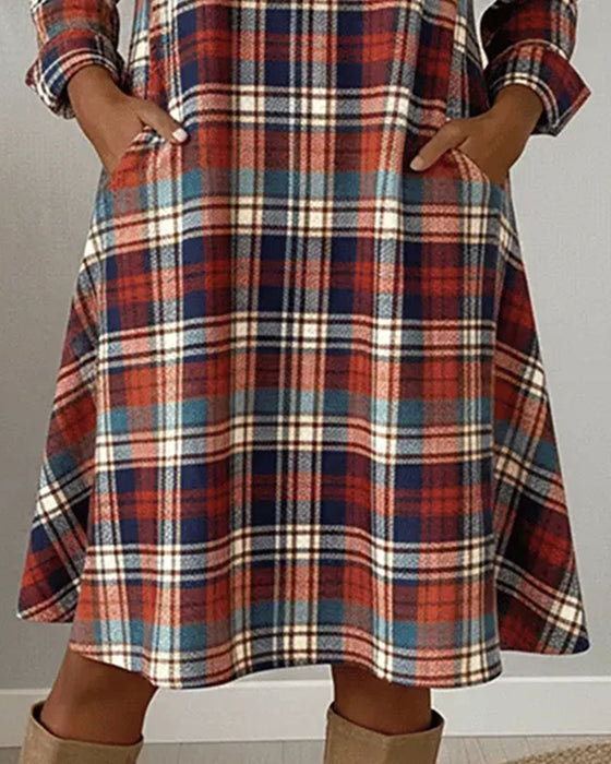 Lapel Collar Button Pocket Plaid Spliced Dress