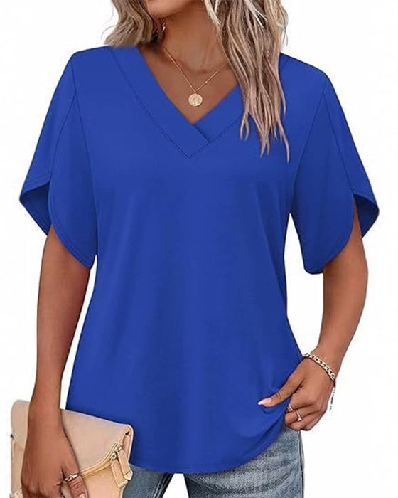 V-Neck Small Slit Short Sleeve Solid T-Shirt