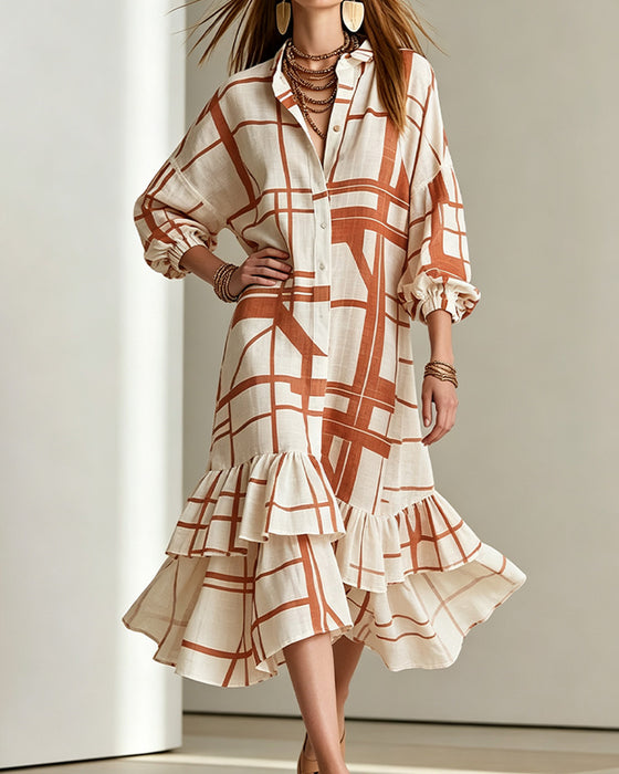 Button Stripe Ruffle Dress