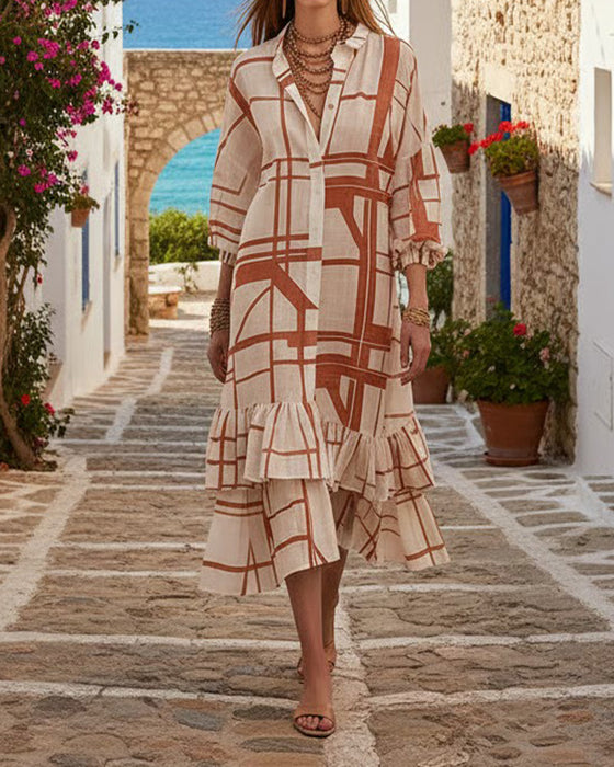 Button Stripe Ruffle Dress