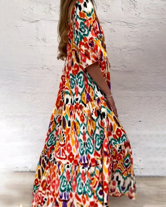 Color Print A-Line Dress with V-neck