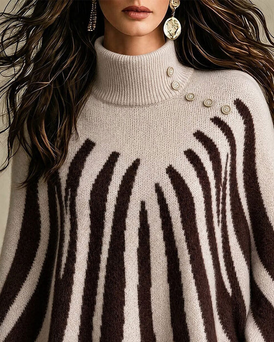 Turtleneck Button Striped Scalloped Pullover