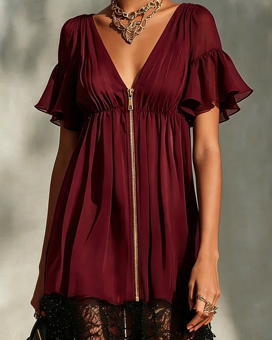 Ruffle Flare Sleeve Zipper Lace Dress