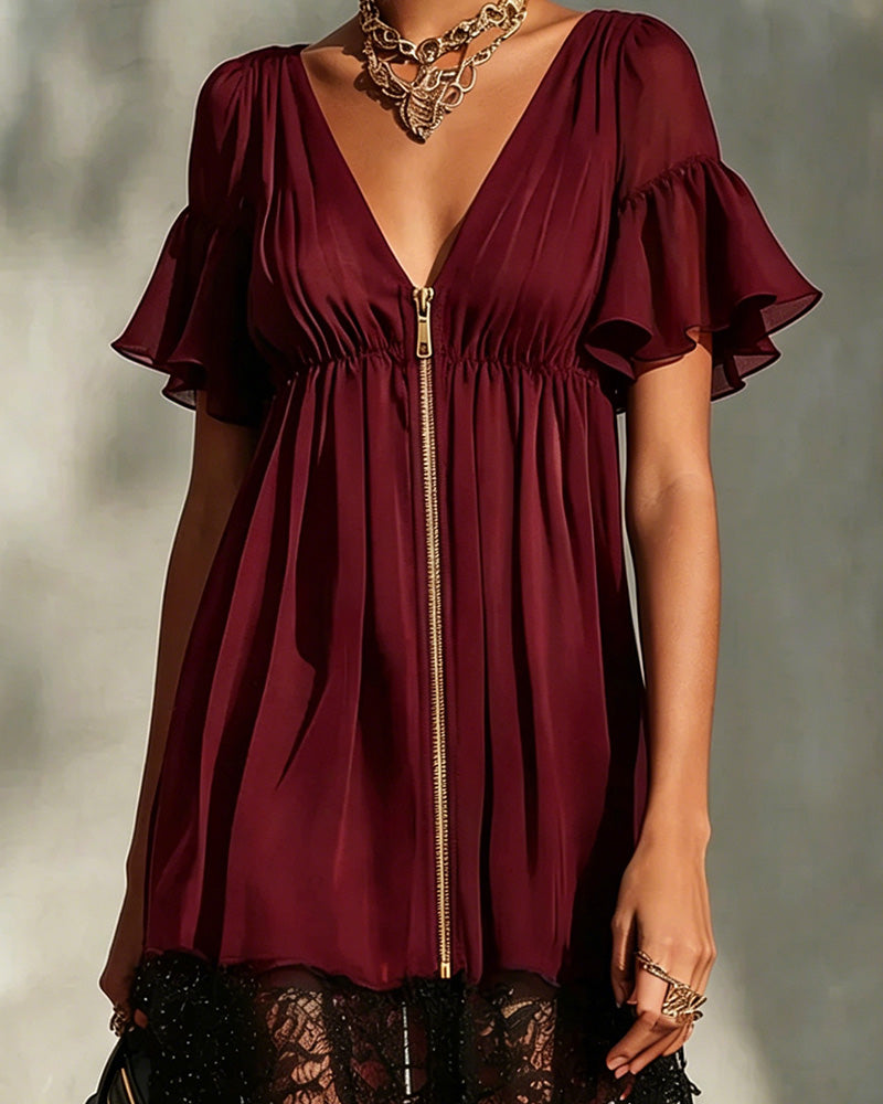 Ruffle Flare Sleeve Zipper Lace Dress