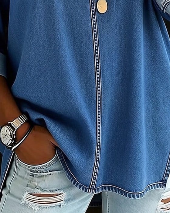 V-Neck Loose Denim Blouse