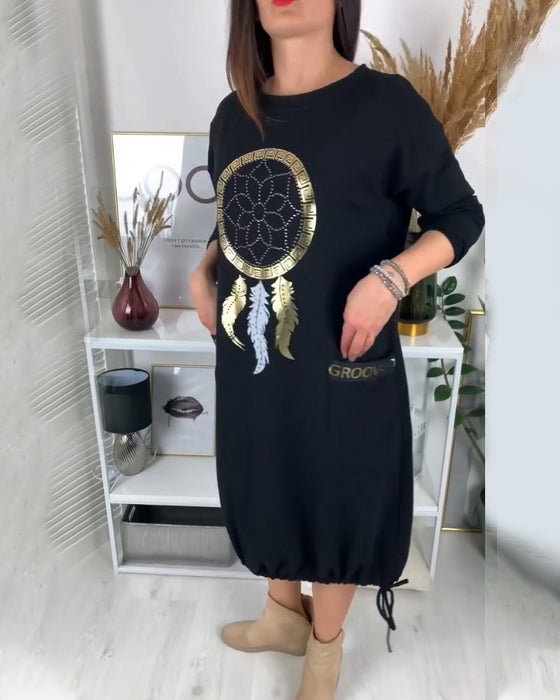 Drawstring round neck pockets dress