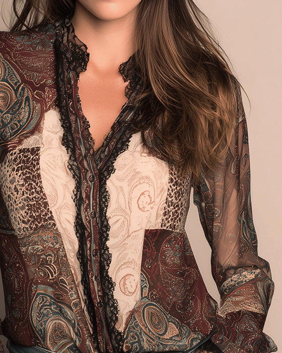 Retro-Print Patchwork Long-Sleeved Shirt