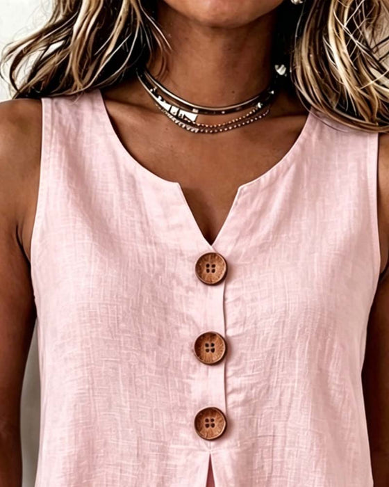 Three-Button Sleeveless Solid Color Tank Top