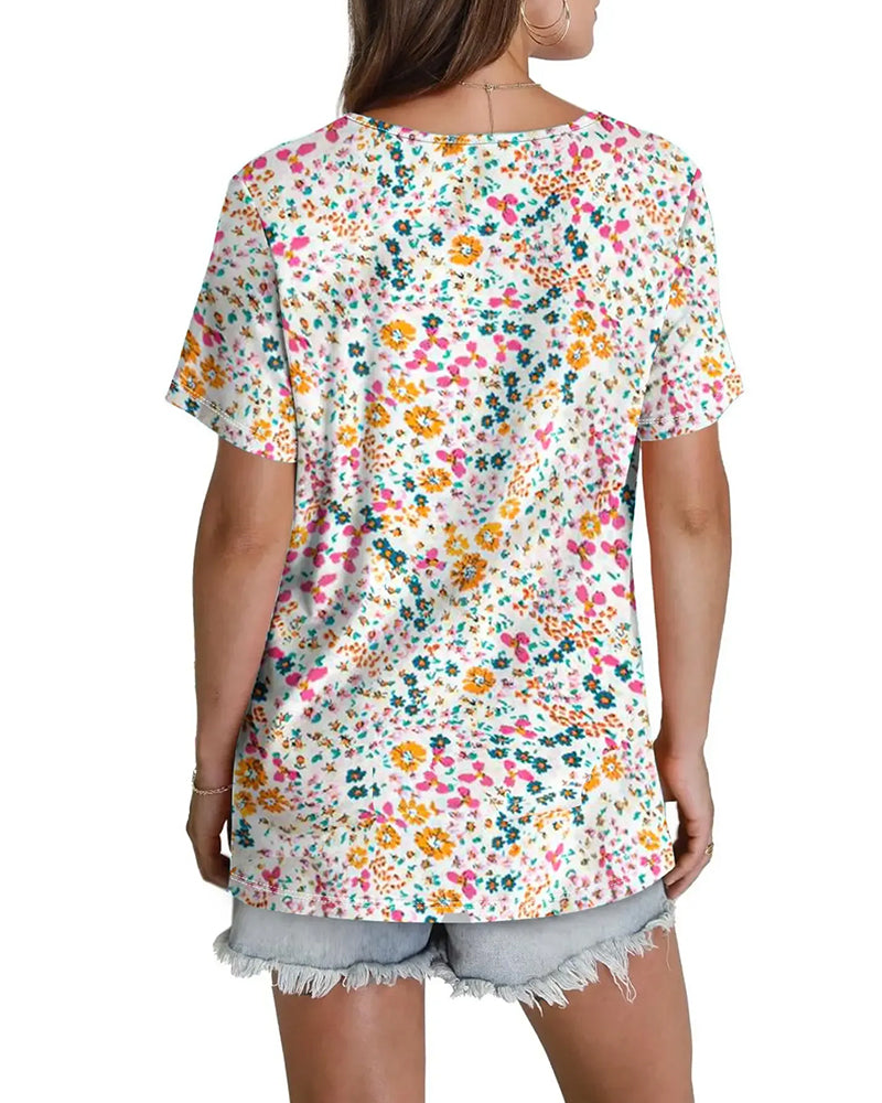 Floral V-Neck Short-Sleeved Blouse