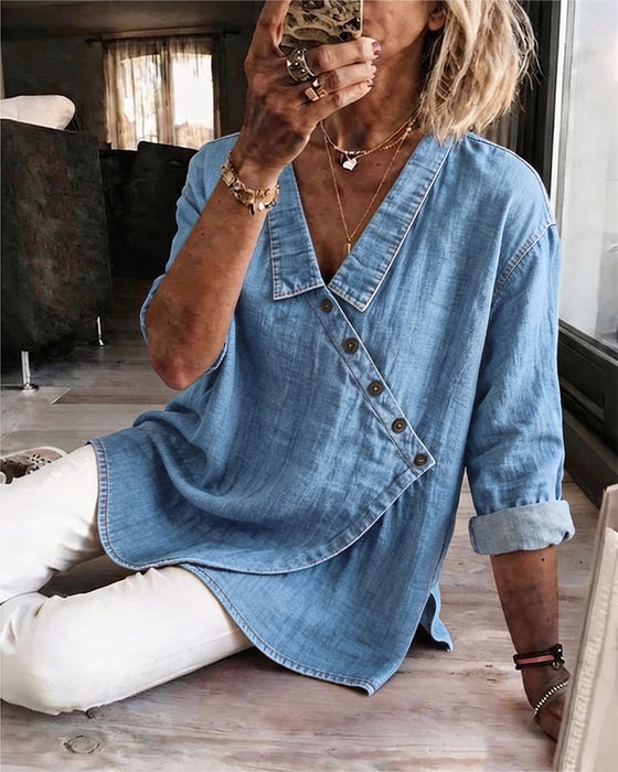 Solid Diagonal Button Lapel Long Sleeve Blouse