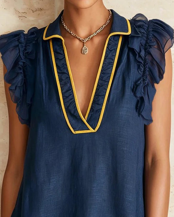 Lapel Color Block Ruffle Sleeve Dress