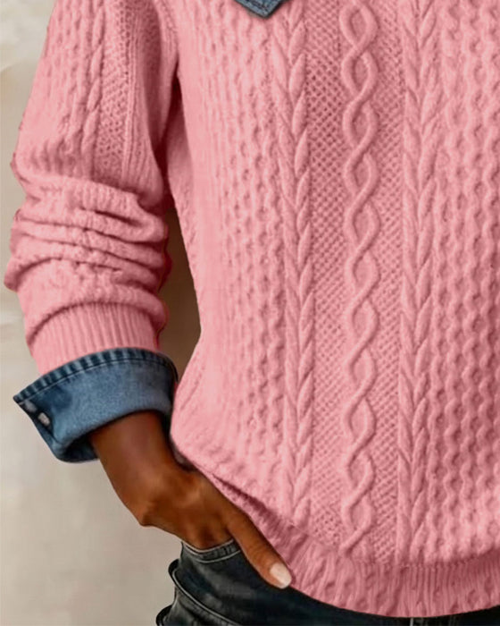 One-Shoulder Strappy Denim Patchwork Casual Sweatshirt