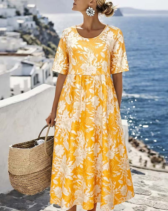 Floral Short Sleeve Pocket A-Line Dress