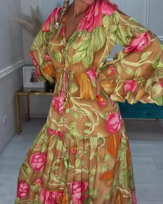V-Neck Full Skirt Floral Dress