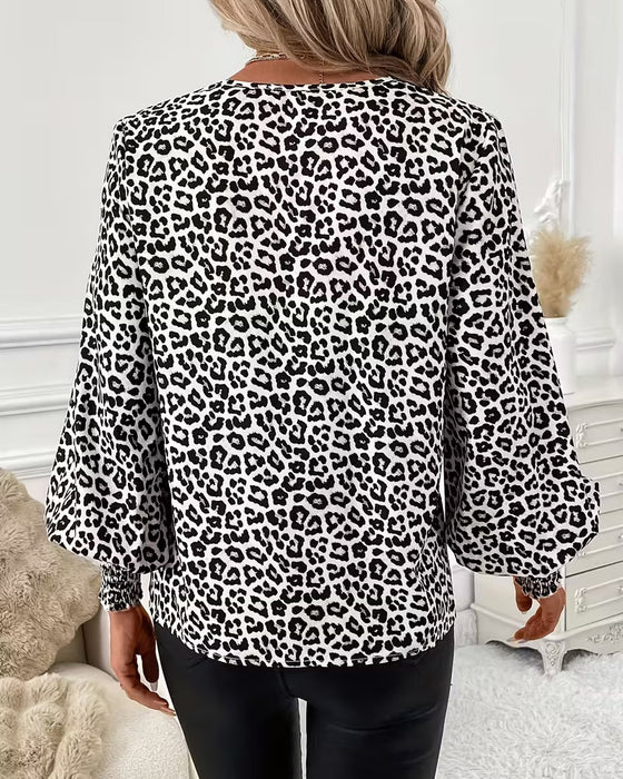 Lantern Sleeve Leopard Print V-Neck Blouse