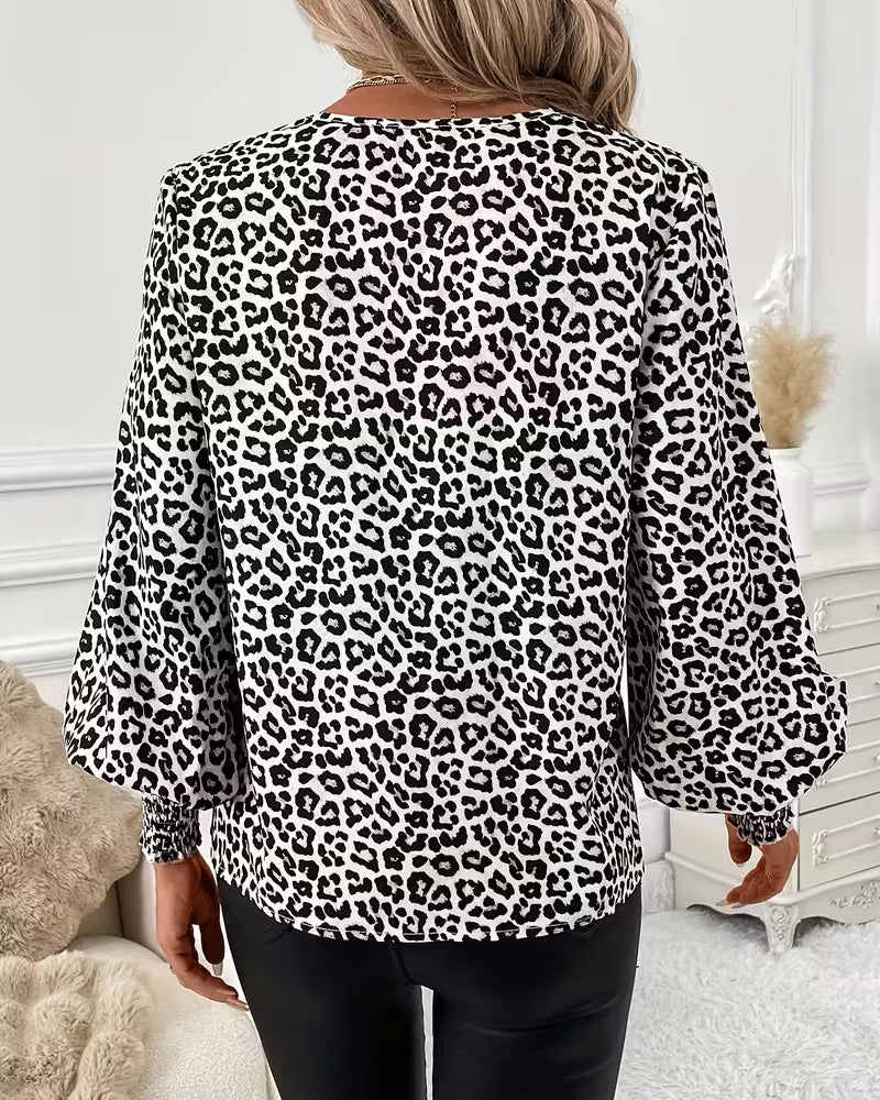 Lantern Sleeve Leopard Print V-Neck Blouse
