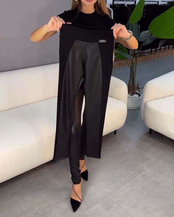 High-Waist Patchwork Slim-Fit Pants