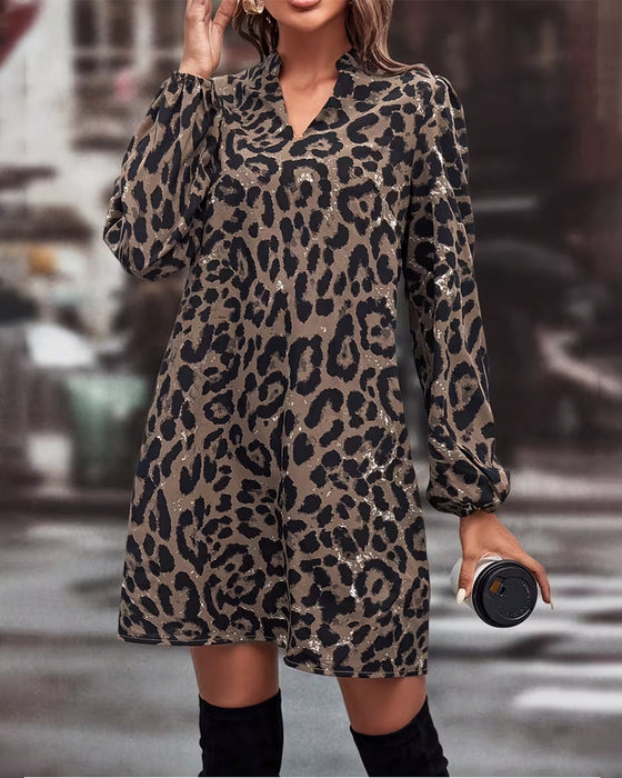 Stand-Collar Puff-Sleeved Leopard Print Dress