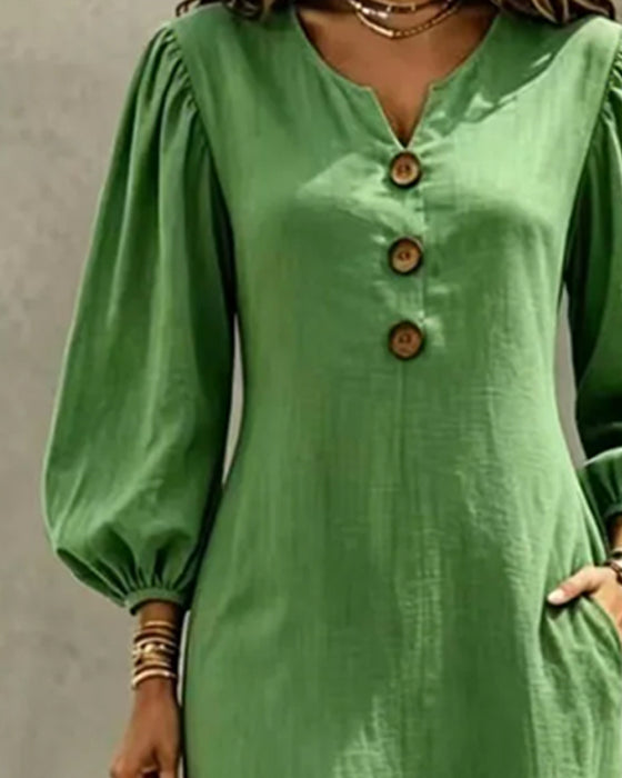 Small V-Neck Button Puff Sleeve Pocket Dress