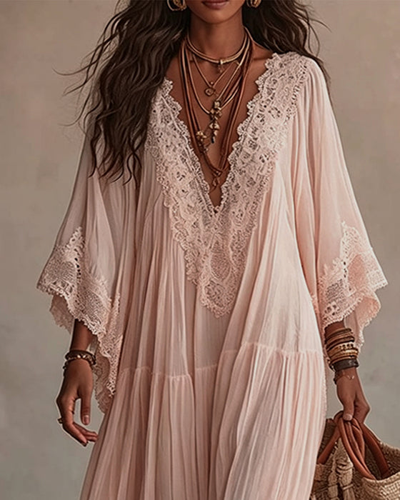 V-Neck Lace Patchwork Solid Color Dress