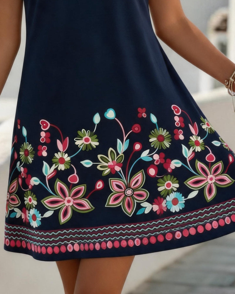 V Neck Placement Print A Line Dress
