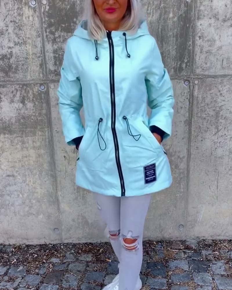 Zipper drawstring solid color coat