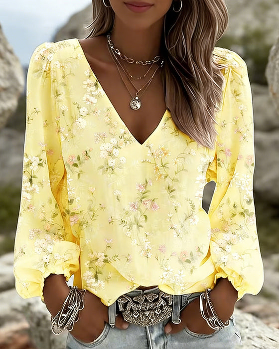 Floral V-Neck Puff-Sleeve Blouse