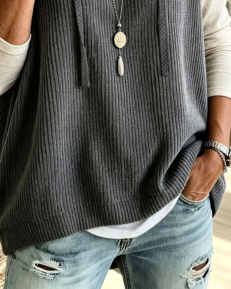 Hooded Ribbed Drawstring Pullover Tank Top
